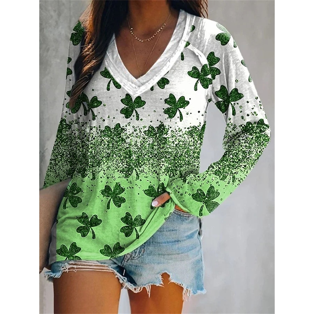 St. Patrick Damen T Shirt Kleeblatt Brautkleider schlicht Langarm V Ausschnitt Normale Oberteile Täglich Bedruckt Grün Sommer Frühling Lightinthebox