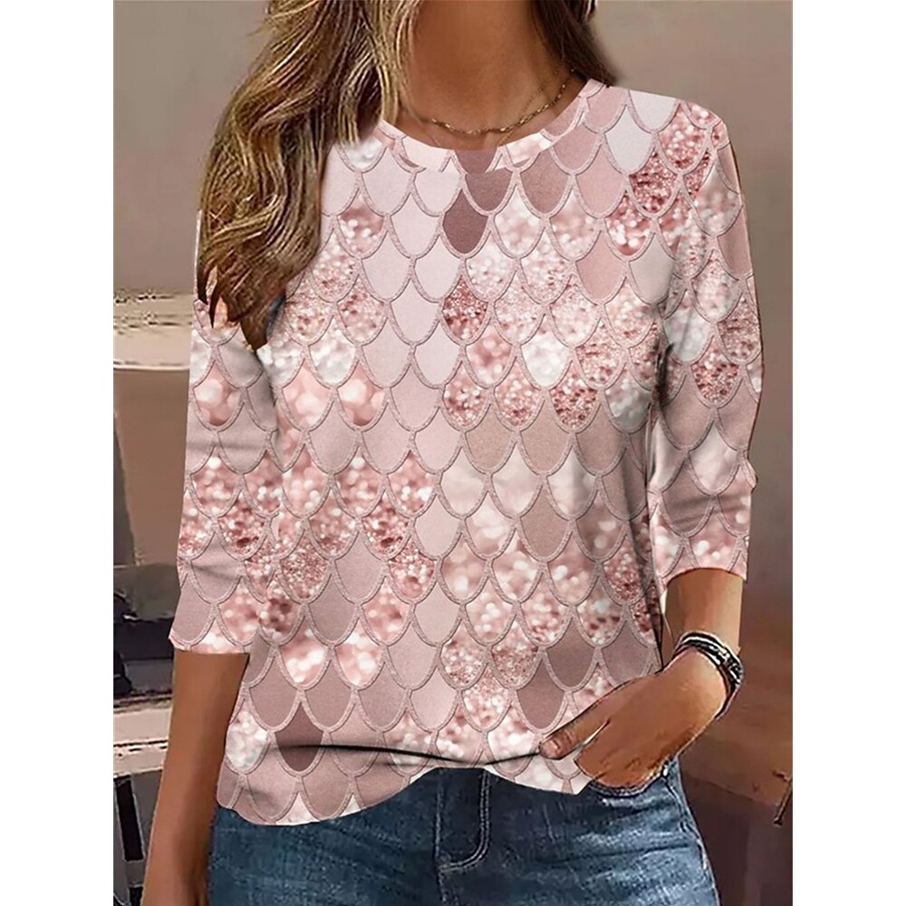 Damen T Shirt Geometrisch Brautkleider schlicht Langarm Rundhalsausschnitt Normale Oberteile Täglich Bedruckt Rosa Frühling Herbst Lightinthebox