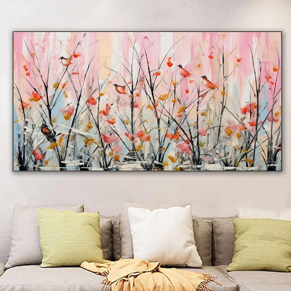 handgemalte Vögel Ölgemälde auf Leinwand große Wandkunst abstrakte rosa Blume Landschaft Kunst Natur Wand Dekor kein Rahmen Lightinthebox