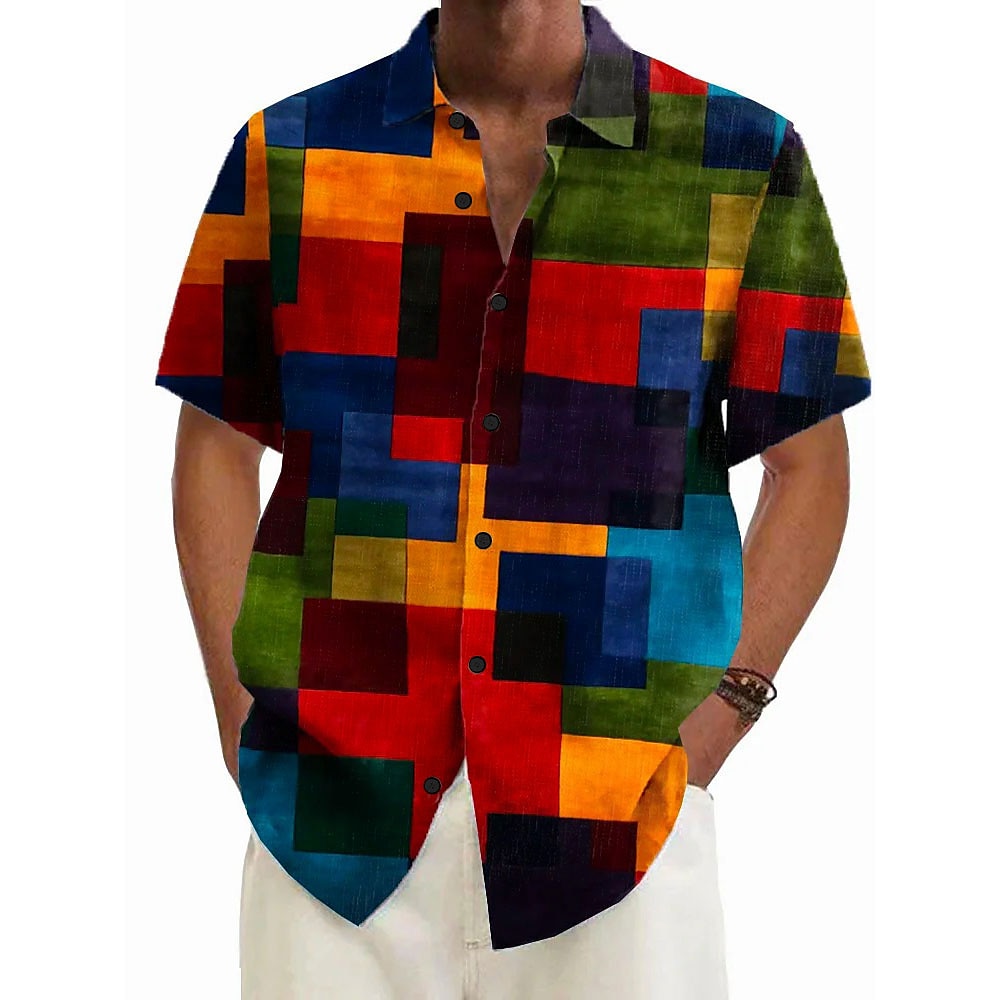 Herren Geometrisch Patchwork Gitter- / Plaidmuster Lässiges Hemd Knopfhemd Kurzarm Vintage-Retro Urlaub Casual Festtage Sommer Frühling Umlegekragen Hemden mit Kragen Orange Lightinthebox