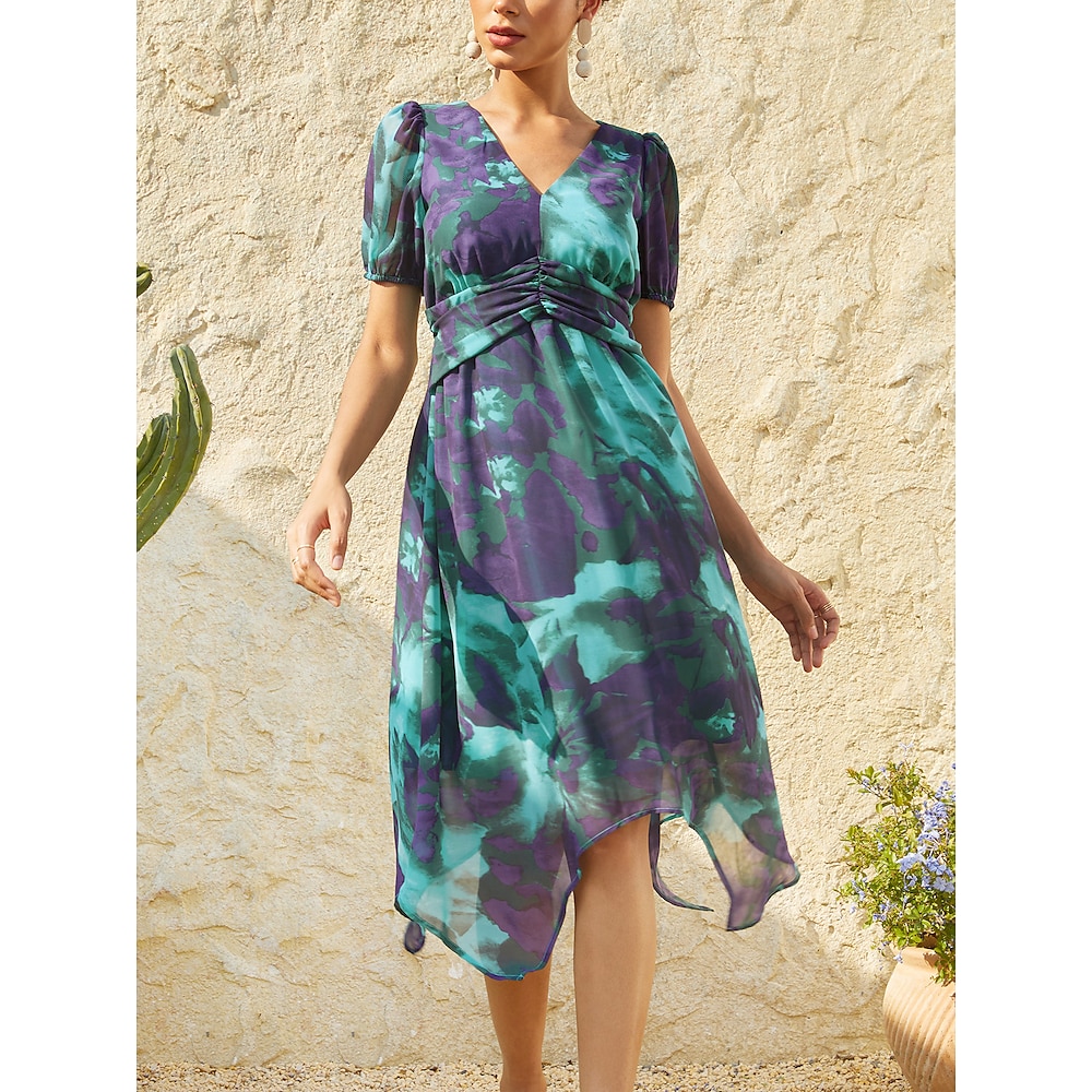 Damen Midikleid Chiffon-Kleid Schaukelkleid Elegant Urlaub Brautkleider schlicht Urlaub Täglich Festtage Formschluss Geometrisch Kurzarm V Ausschnitt Pfauenblau Sommer Frühling Lightinthebox