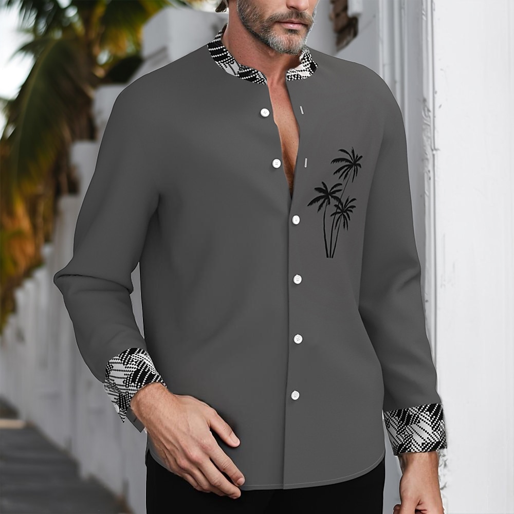 Herren Kokosnussbaum Tropische Pflanzen Hemd Hawaiihemd Sommerhemd Hemd ohne Kragen Langarm Hawaiianisch Resort Urlaub Casual Festtage Sommer Frühling Stehkragen 3D-Druck Button-Down-Hemden Dunkelgrün Lightinthebox