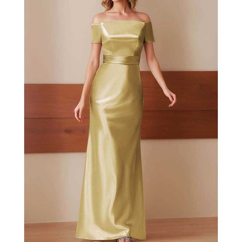 Etui-/Säulen-Abendkleid, elegantes Kleid, formelle Aufführung, bodenlang, kurze Ärmel, schulterfrei, glänzender Satin 2025 Lightinthebox