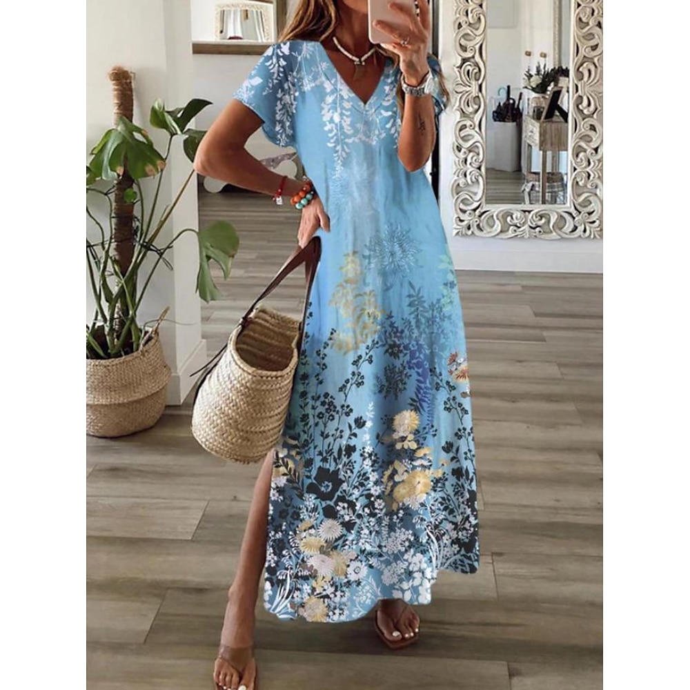 Damen Maxidress Paisley-Kleid Casual kleid Langärmliges Boho-Kleid A Linie Kleid Böhmen Urlaub Vintage Urlaub Täglich Regular Fit Blumen Kurzarm V Ausschnitt Schwarz Rosa Blau Himmelblau Sommer Lightinthebox