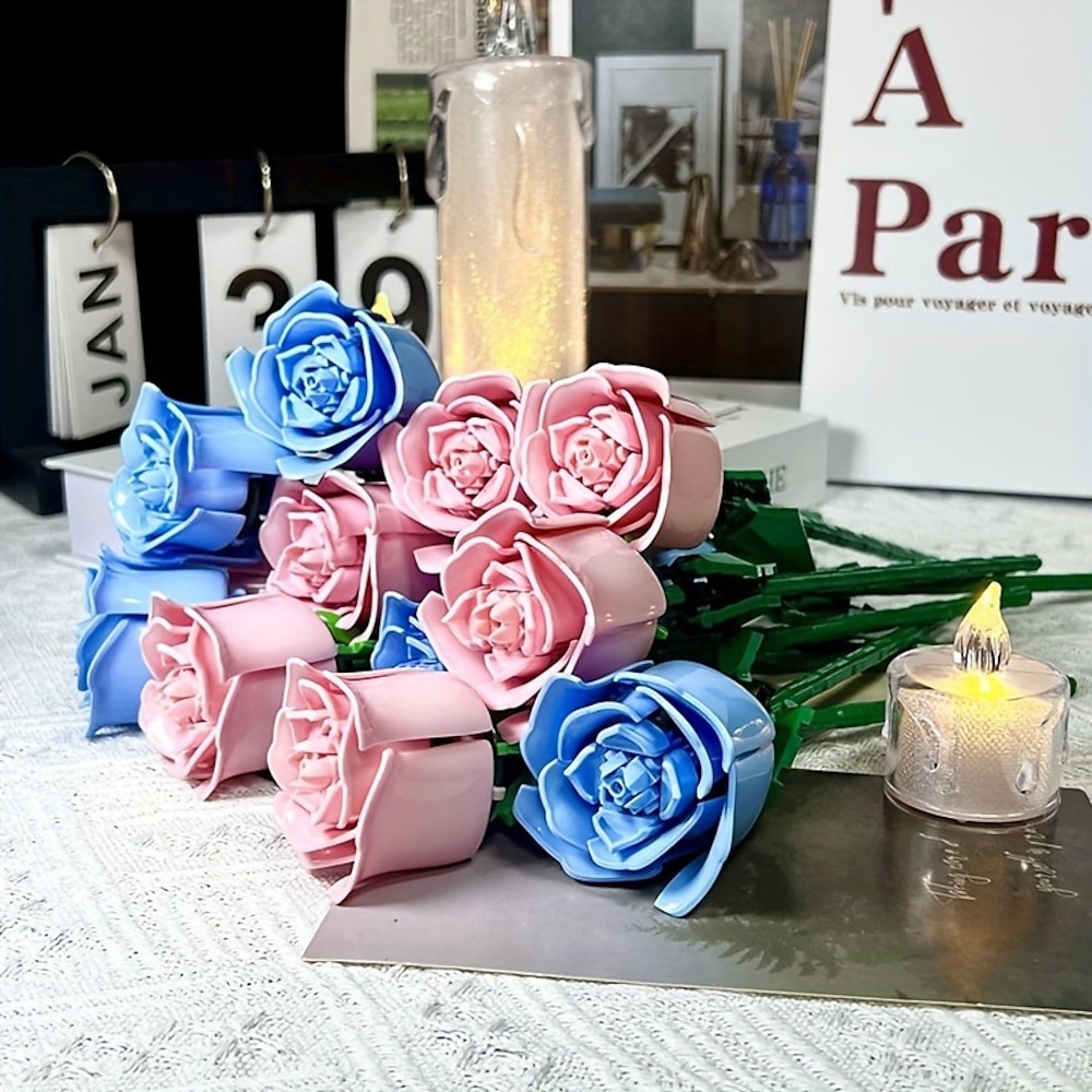 6-teiliger DIY-Baustein mit Rosenblüte als Tischdeko aus ABS-Material, perfekt für Valentinstag und Weihnachten Halloween Geschenke gemütliches Ambiente mit bunten künstlichen Rosen elegantes Lightinthebox