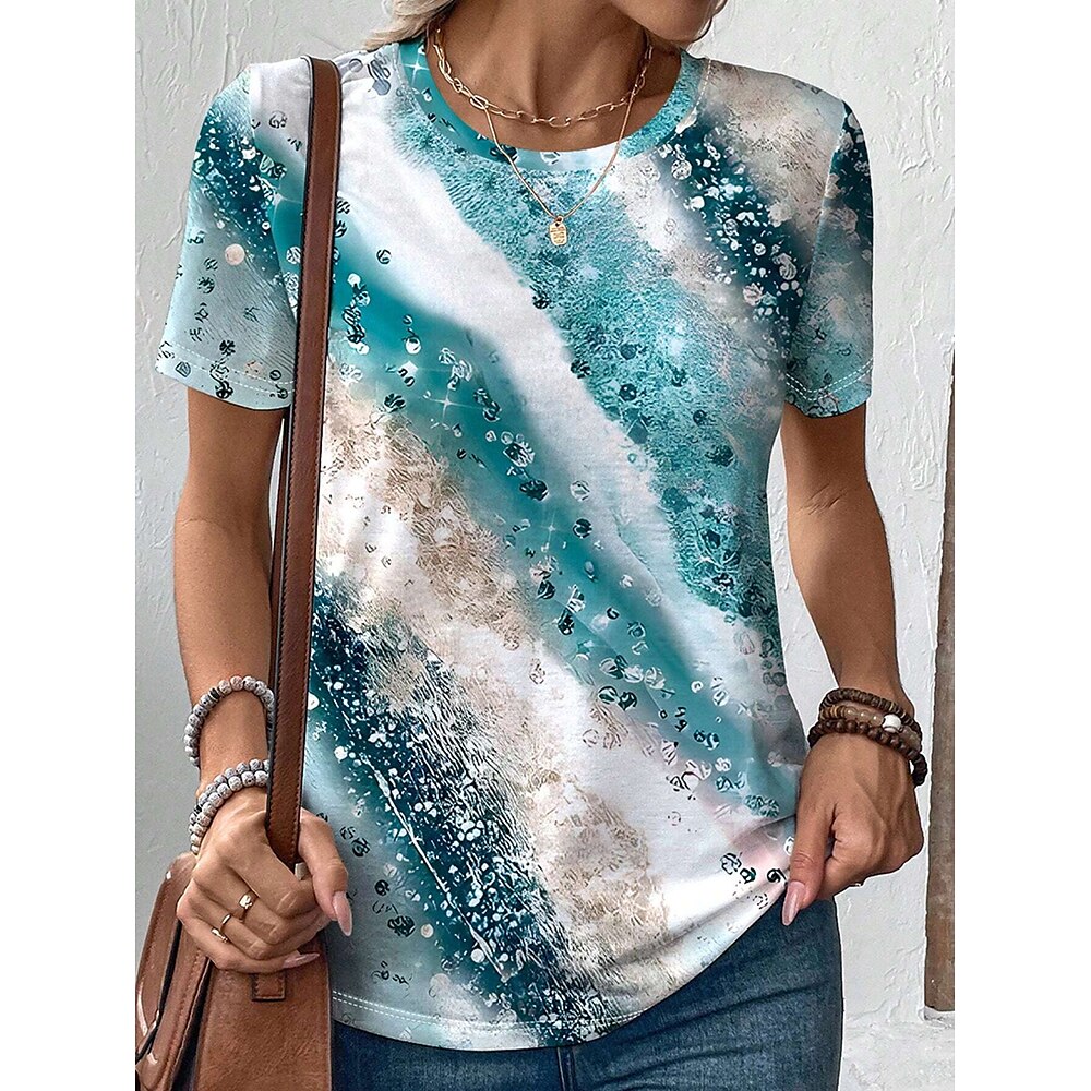 Damen T Shirt Farbverlauf Graphic Brautkleider schlicht Kurzarm Rundhalsausschnitt Normale Oberteile Täglich Bedruckt Blau Sommer Lightinthebox