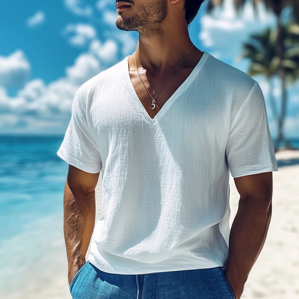 Herren T-Shirt aus Baumwollleinen T-Shirt Glatt Grubenstreifen V Ausschnitt Urlaub Casual Kurze Ärmel Klassisch Bekleidung Modisch Designer Basic Lightinthebox