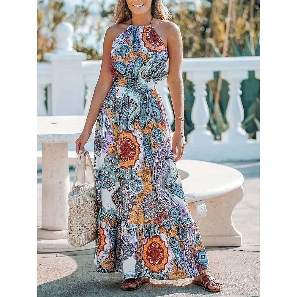 Damen Maxidress Casual kleid Boho Chic Kleider Böhmen Stilvoll Brautkleider schlicht Urlaub Täglich Strand Lockere Passform Paisley-Muster Ärmellos Halfterhals Blau Sommer Lightinthebox