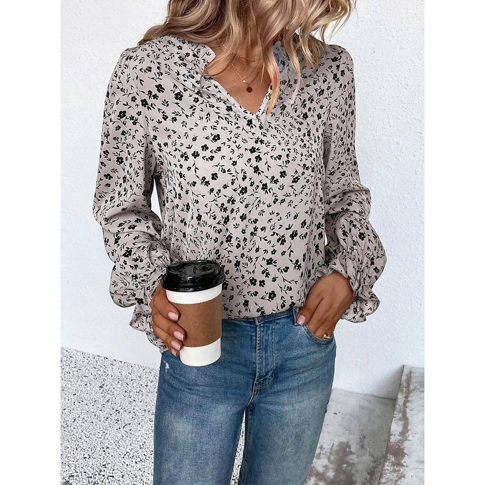 Damen Hemd Bluse Blumen Stilvoll Brautkleider schlicht Langarm V Ausschnitt Normale Oberteile Täglich Bedruckt Wein Grün Beige Sommer Frühling Lightinthebox