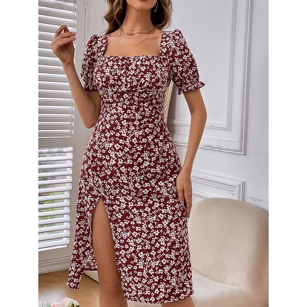 Damen Midikleid Corsagenkleider A Linie Kleid Milchmädchen-Kleid Kleid mit Puffärmeln Urlaub Urlaub Casual Täglich Regular Fit Blumen Graphic Kurzarm Quadratischer Ausschnitt Schwarz Burgunderrot Lightinthebox