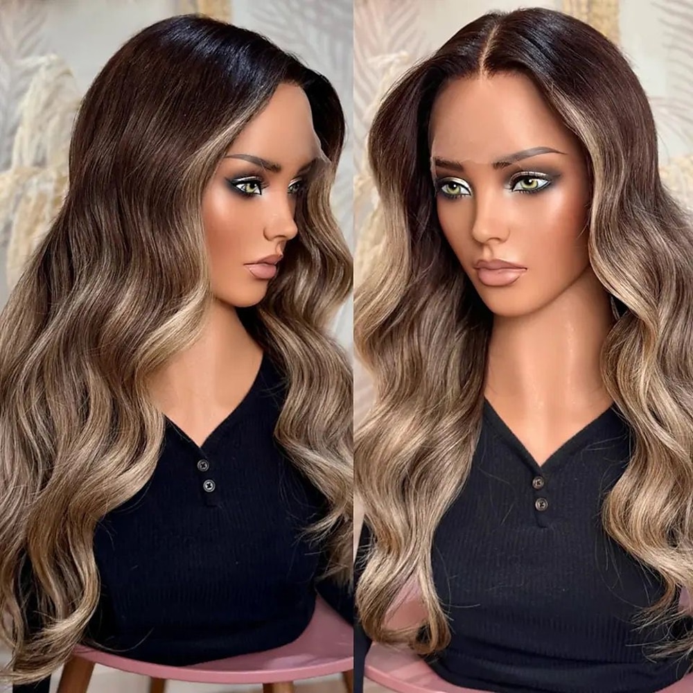 Brasilianisches reines Haar, klebefrei, 5 x 5 Zoll, Lace-Closure-Perücke, aschblond, Ombre-Highlights, Lace-Frontal-Perücke, natürlicher Haaransatz, vorgezupft für Frauen Lightinthebox