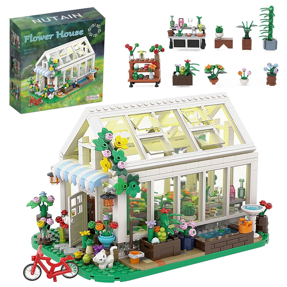 Blume Haus Baustein für Erwachsene Garten Architektur Gebäude Spielzeug Gewächshaus Modell Gebäude Set Garten Glas Haus Gebäude Kit Weihnachten ideales Geschenk für Kinder ab 12 Jahren (688 Stück) Lightinthebox