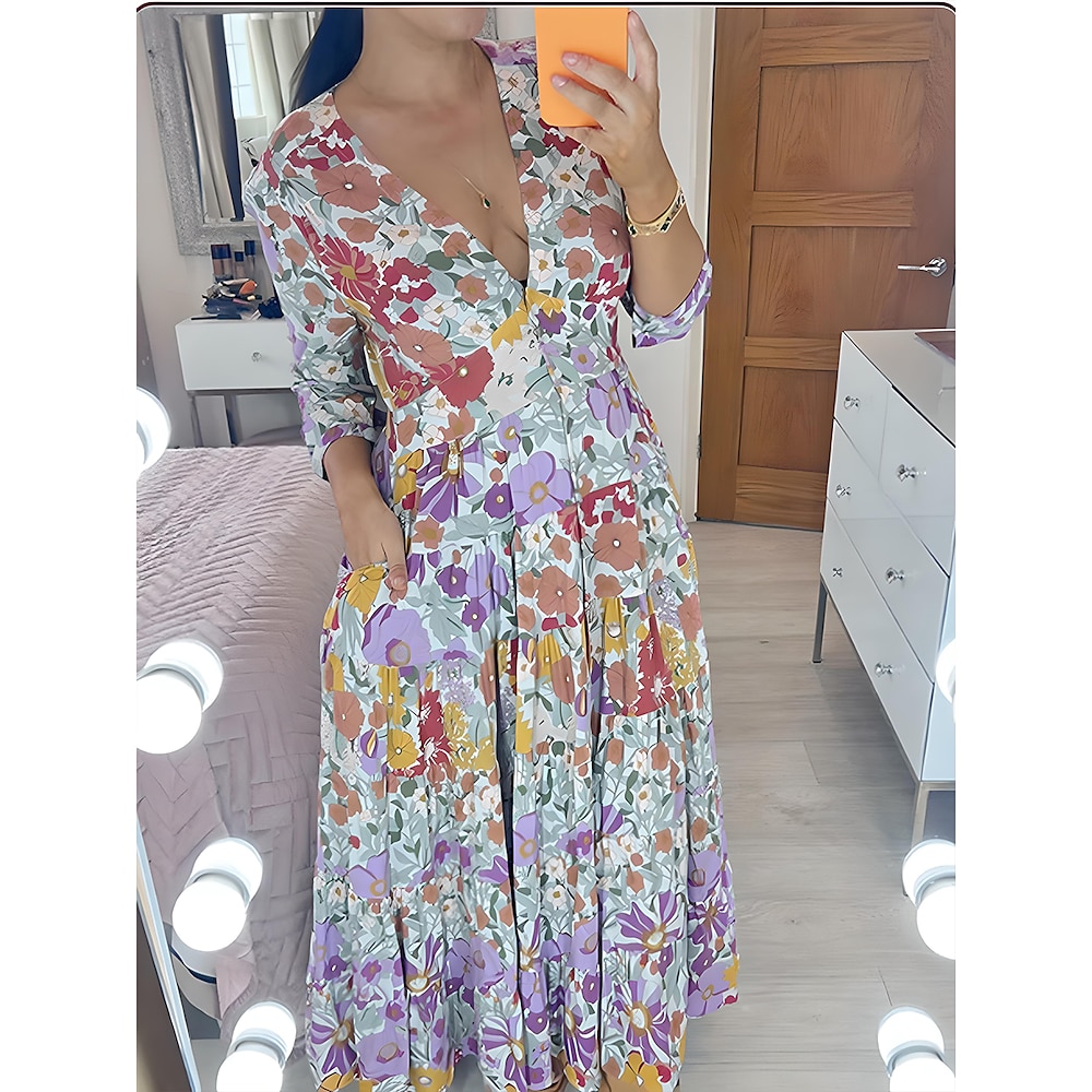 Damen Maxidress A Linie Kleid Sommerkleid Urlaub Urlaub Täglich Regular Fit Blumen Langarm V Ausschnitt Purpur Sommer Lightinthebox