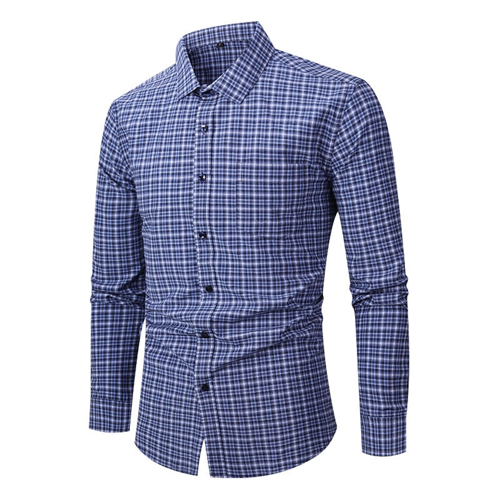 Herren Oberhemd Kariertes Hemd trachtenhemd Glatt Hochzeit Arbeit Weiß Dunkelmarine Marineblau Blau Langarm Kragen Sommer Frühling Bekleidung Lightinthebox