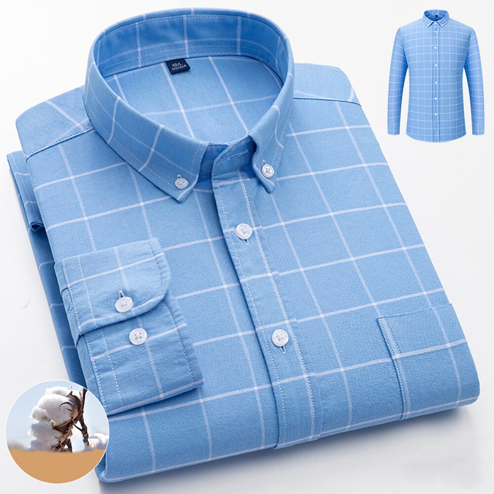 Herren Hemd Sommerhemd Lässiges Hemd Knopfhemd Weiß Blau Dunkelblau Langarm Plaid Kargen Urlaub Festtage Button-Down Bekleidung 100% Baumwolle Modisch Brautkleider schlicht Komfortabel Lightinthebox