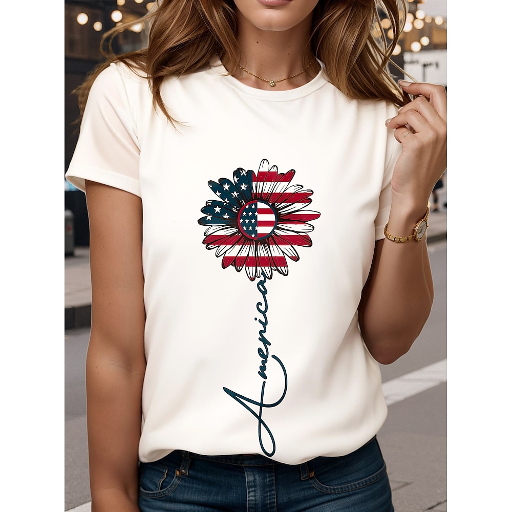 Damen T Shirt Fahne Amerikanische Flagge Nationalflagge Stilvoll Brautkleider schlicht Kurzarm Rundhalsausschnitt Normale Oberteile Täglich Bedruckt Weiß Sommer Frühling Lightinthebox