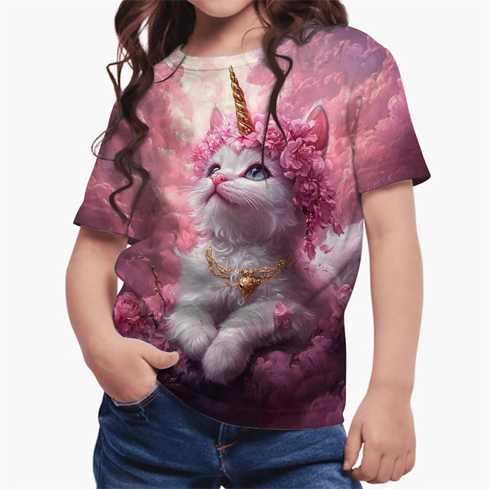 Mädchen 3D Graphic Katze T-Shirt Kurzarm Sommer Frühling Modisch Basic kinderkleidung 4-12 Jahre Rundhalsausschnitt Outdoor Casual Täglich Regular Fit Lightinthebox