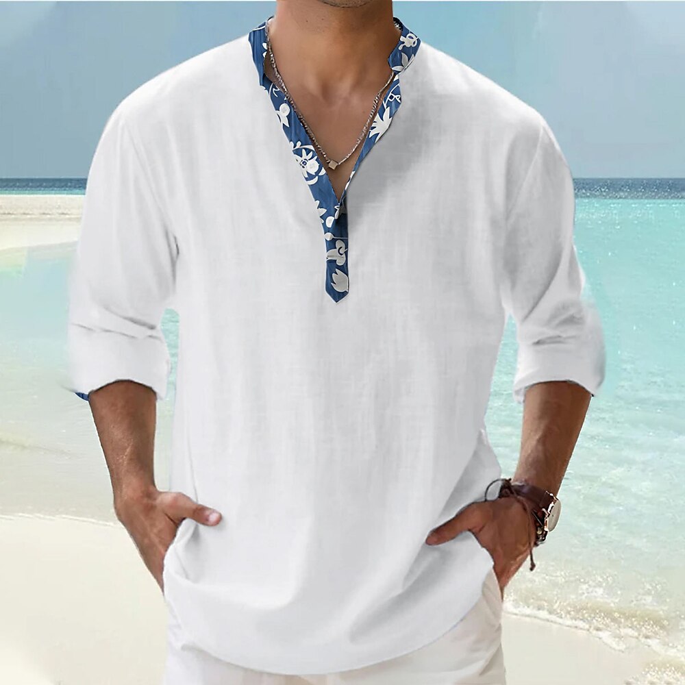 Herren Hemd Popover-Shirt Sommerhemd Lässiges Hemd Strandhemd Schwarz Weiß Rosa Orange Grün Langarm Blumenmuster Solide / einfarbig Stehkragen Henley Urlaub Hawaiianisch Schnalle Bekleidung Modisch Lightinthebox