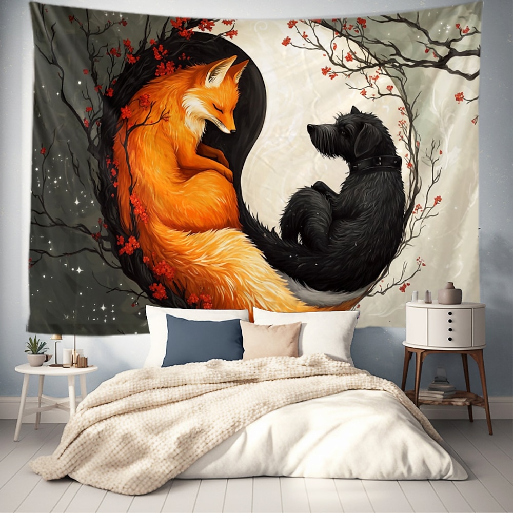 Yinyang Taichi Hängender Wandteppich Wandkunst Großer Wandteppich Wandmalerei Dekoration Fotohintergrund Decke Vorhang Wohnheim Schlafzimmer Wohnzimmerdekoration Hund Fuchs Lightinthebox