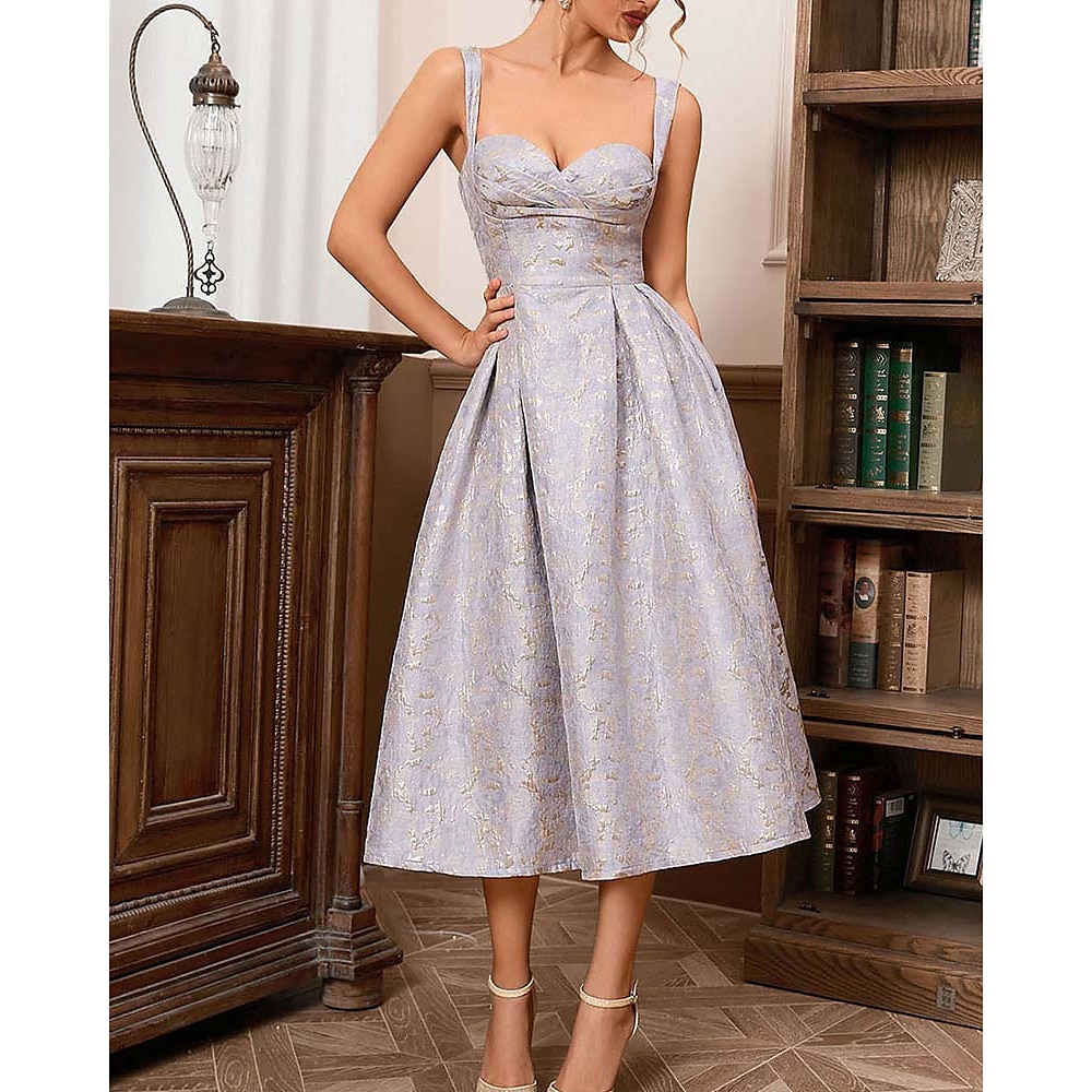 A-Linie Cocktailkleider Partykleid Hochzeit Hochzeitsgast Wadenlang Ärmellos Quadratischer Ausschnitt Polyester mit Blumenbrokat 2025 Lightinthebox