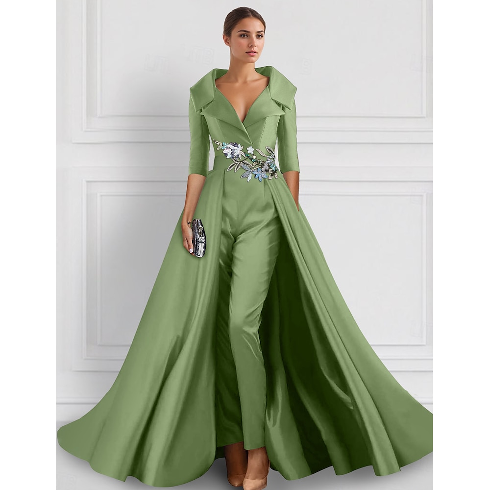 grün-blaues A-Linien-Abendkleid, eleganter Überrock, Jumpsuit-Kleid, formelle Hochzeit, florales bodenlanges Halbarm-Hemdkragen-Satin mit Schlitz, Stickapplikationen 2025 Lightinthebox