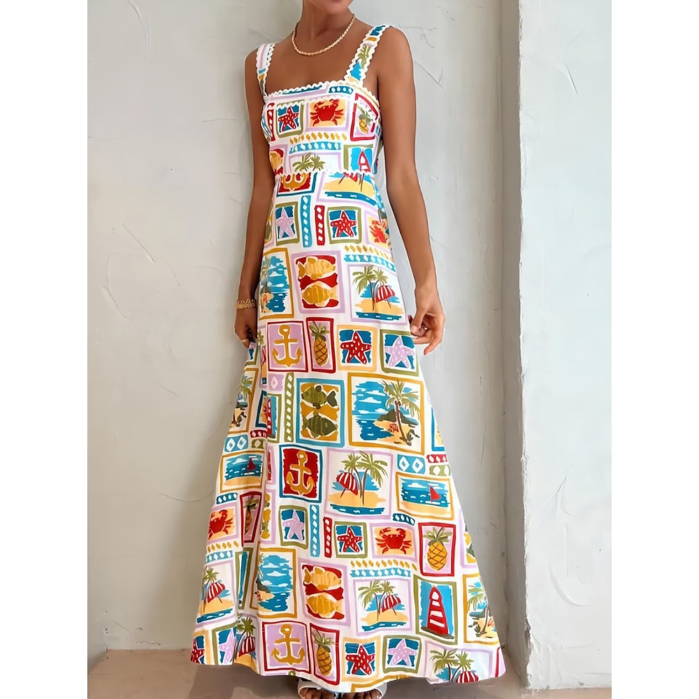 Damen Maxidress Corsagenkleider A Linie Kleid Sommerkleid skims dress Urlaub Urlaub Täglich Regular Fit Graphic Ärmellos Quadratischer Ausschnitt Weiß Sommer Lightinthebox