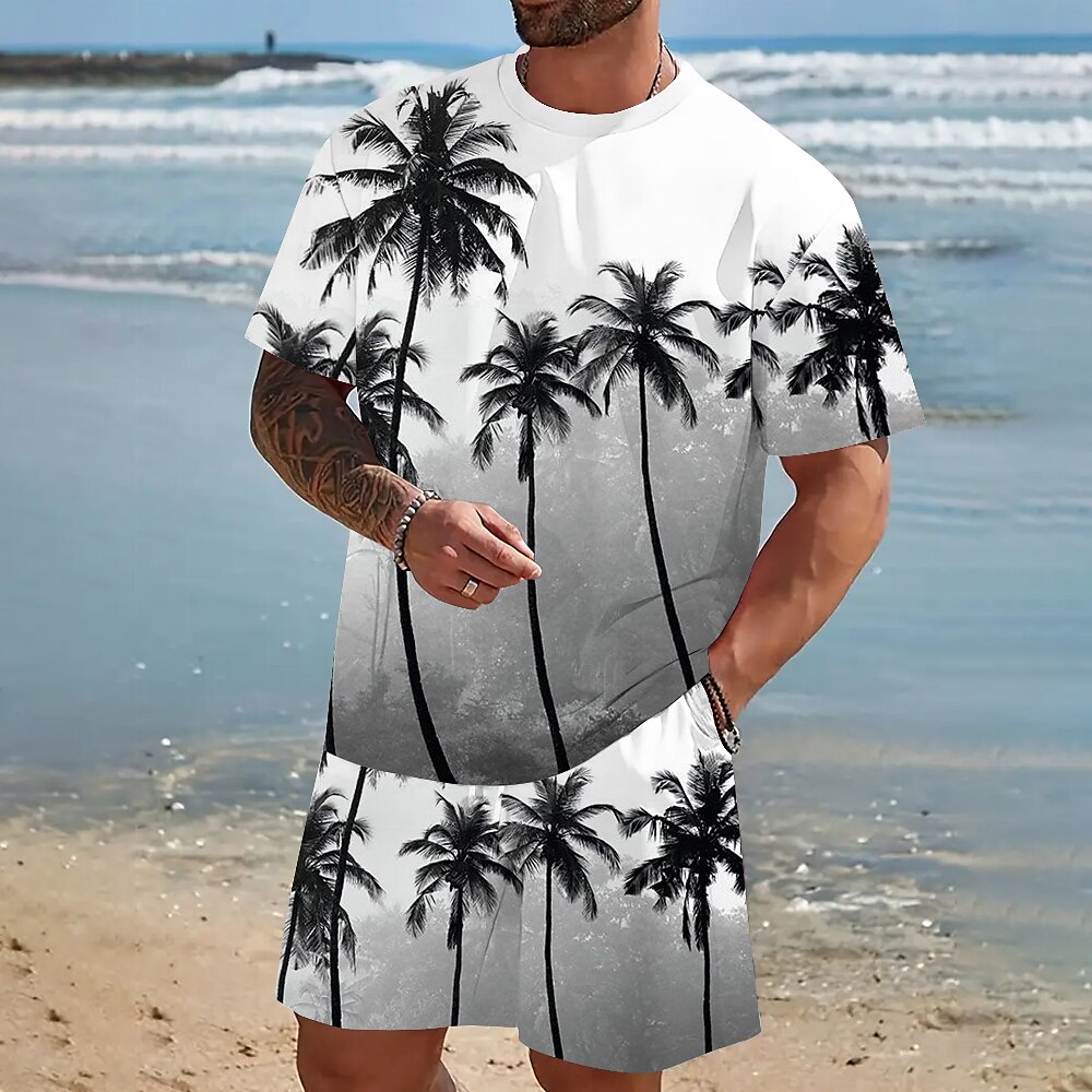 Herren Kokusnuss-Palme 2St Sommertops Kurzarm Kurze Hosen T-Shirts-Sets Rundhalsausschnitt Sport Designer Brautkleider schlicht Outdoor Urlaub Täglich Bedruckt Amethyst Rubinrot Weiß Lightinthebox