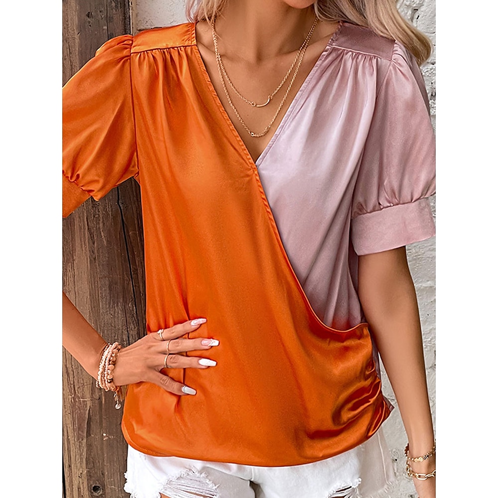 Damen Hemd Bluse Farbblock Elegant Täglich damas Kurzarm V Ausschnitt Normale Oberteile Arbeit Täglich Ausgehen Patchwork Orange Sommer Frühling Lightinthebox