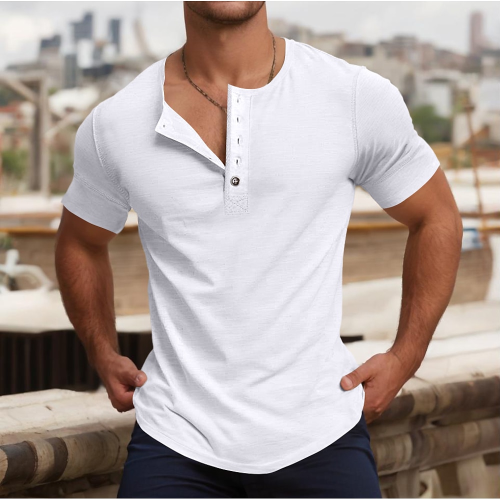 100 % Baumwolle, Henley-Shirt für Herren, kurzärmelig, einfarbig, schlicht, klassischer Stil, Knöpfe, Henley, lässig, täglich, Sommer, Frühling, Herbst, dunkelgrau, schwarz, weiß, Henley-T-Shirt Lightinthebox