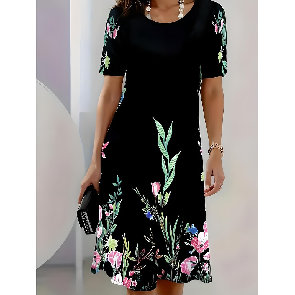 Damen Midikleid Casual kleid Sweatkleid Sommerkleid Midi-Kleid Elegant Böhmen Urlaub Urlaub Festtage Verabredung Lockere Passform Blumen Kurzarm Rundhalsausschnitt Schwarz Sommer Lightinthebox