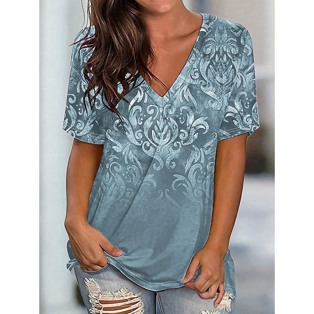 Damen T Shirt Paisley-Muster Brautkleider schlicht Kurzarm V Ausschnitt Normale Oberteile Täglich Bedruckt Blau Sommer Lightinthebox