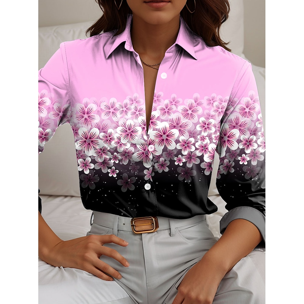 Damen Hemd Blumen Brautkleider schlicht Langarm Hemdkragen Normale Oberteile Arbeit Täglich Knopf Bedruckt Rosa Blau Grün Frühling Herbst Winter Lightinthebox