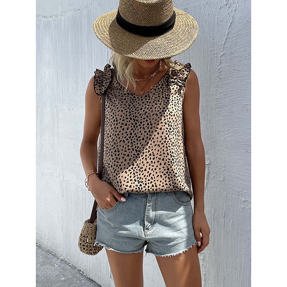 Damen Sommertops Bluse Leopard Brautkleider schlicht Hübsch Ärmellos V Ausschnitt Normale Oberteile Festtage Strandbekleidung Urlaubskleidung Rüsche Kaki Sommer Frühling Lightinthebox