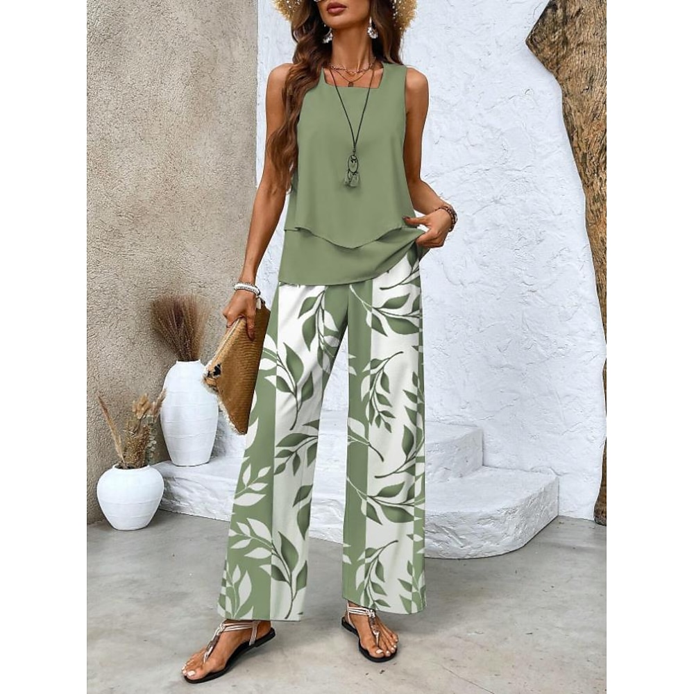 Damen Modisch Tank Top Hosen-Sets Hosen Hose Ärmellos Quadratischer Ausschnitt Blätter Layer-Look Bedruckt Casual Hellgrün Sommer Regular Fit Lightinthebox