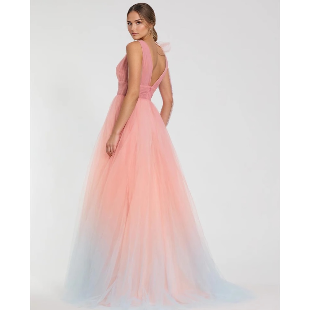 rosa Ballkleid A-Linie Ballkleid elegantes Kleid formelle Hochzeit bodenlang ärmellos V-Ausschnitt Tüll mit Schulterblume 2025 Lightinthebox