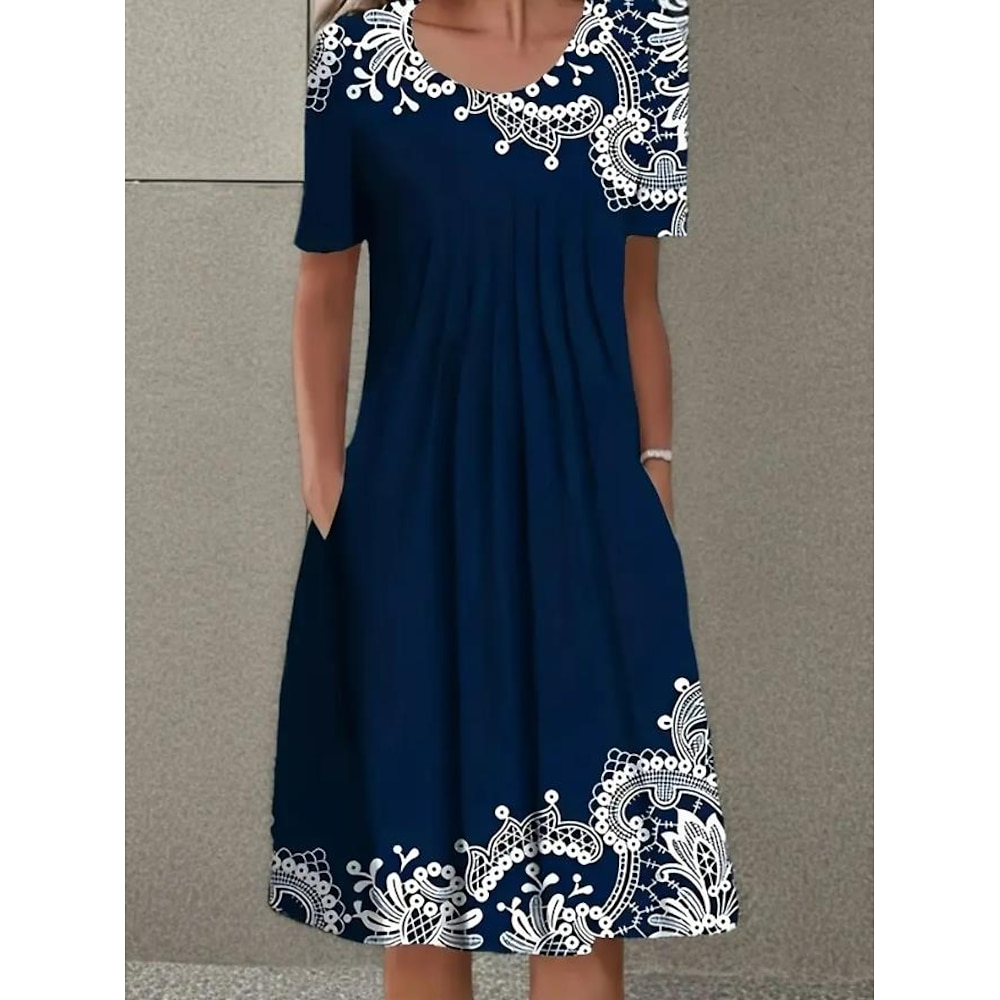 Damen Minikleid Casual kleid Elegant Urlaub Vintage Urlaub Täglich Lockere Passform Blumen Kurzarm Rundhalsausschnitt Dunkelblau Sommer Lightinthebox