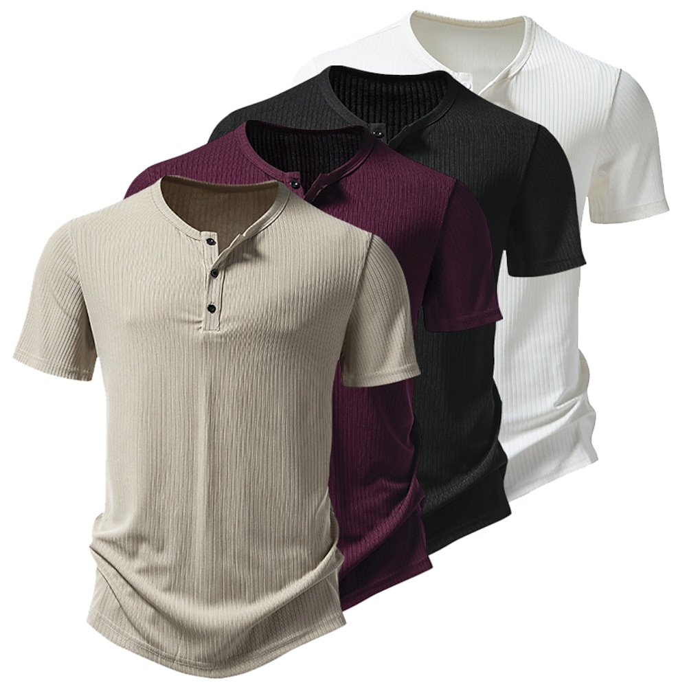 Herren Henley Shirt Tee Rippstrick-Oberteil Kurzarm Feste Farbe Glatt Strickware Brautkleider schlicht Knopf Grubenstreifen Henley Urlaub Casual Täglich Sommer Frühling Herbst Schwarz Wei Lightinthebox