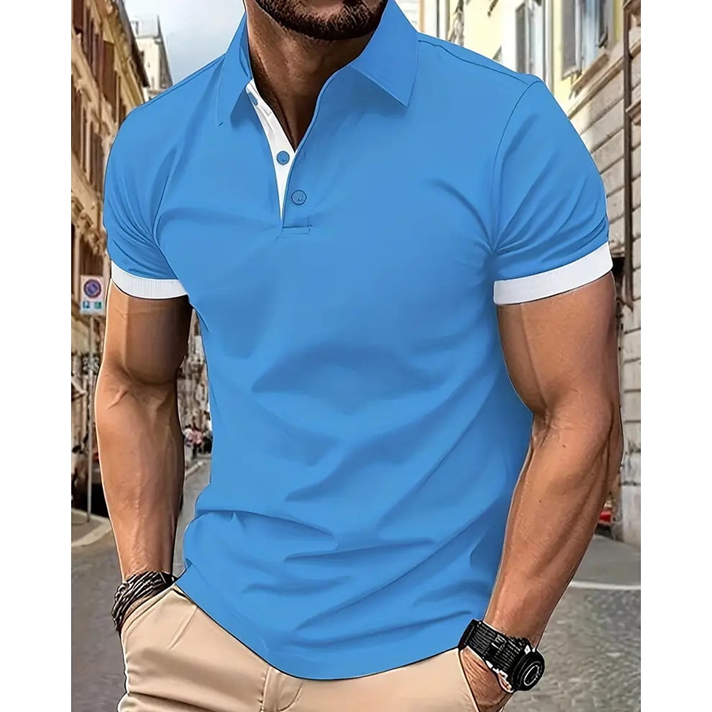 Herren Golfhemd Golf Poloshirts Arbeit Casual Kargen Kurzarm Basic Modern Farbblock Patchwork Knopf Sommer Frühling Regular Fit Gelb Rosa Blau Orange Grün Leicht Blau Golfhemd Lightinthebox