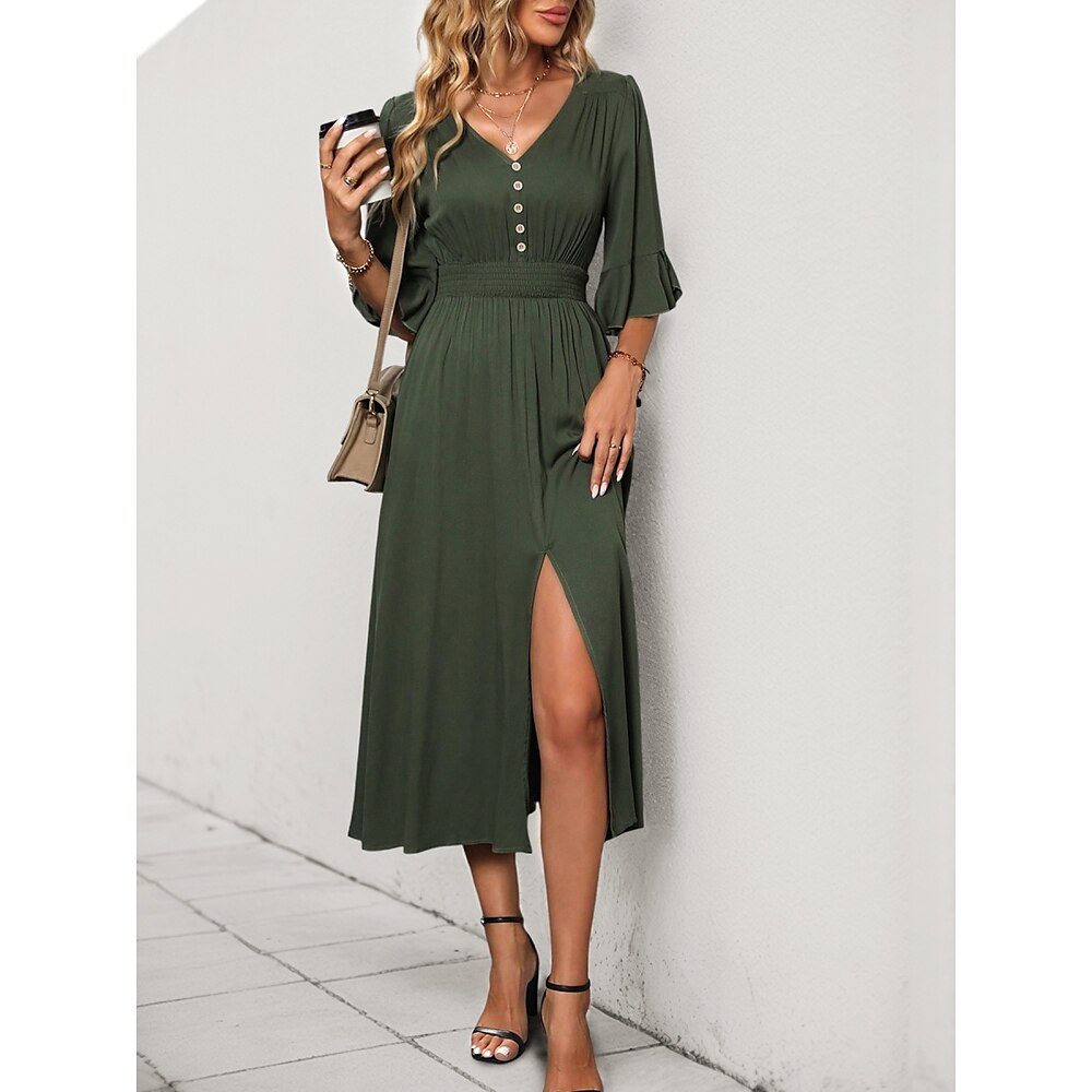 Damen Casual kleid A Linie Kleid Basic Brautkleider schlicht Glatt Midikleid Halbe Ärmel V Ausschnitt Rüsche Knopf Gespleisst Regular Fit Urlaub Täglich Grün Sommer Lightinthebox