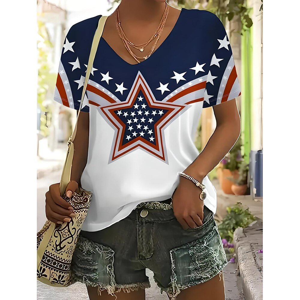 Amerikanischer Unabhängigkeitstag Damen T Shirt Fahne Amerikanische Flagge Nationalflagge Brautkleider schlicht Kurzarm Rundhalsausschnitt Normale Oberteile Täglich Bedruckt Blau Sommer Lightinthebox