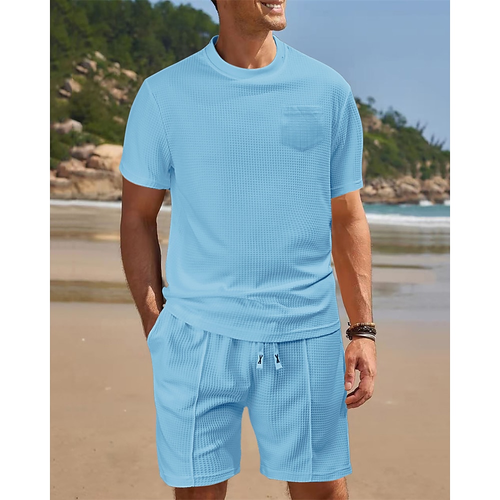 Herren Waffel-Shirt T-Shirt Anzüge 2-teiliges Outfit T-Shirt und Shorts Glatt Rundhalsausschnitt Urlaub Freizeitskleidung Kurzarm Tasche 2 teilig Bekleidung Polyester Modisch Brautkleider schlicht Lightinthebox