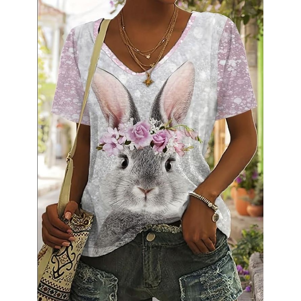 Ostern Damen T Shirt Tier Punkt Brautkleider schlicht Kurzarm V Ausschnitt Normale Oberteile Täglich Bedruckt Weiß Rosa Grün Sommer Lightinthebox