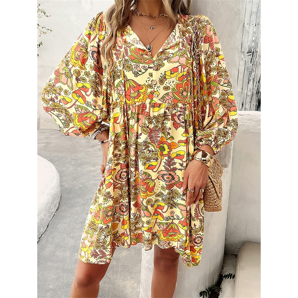 Damen Minikleid Etuikleid Kleid mit Puffärmeln Stilvoll Brautkleider schlicht Urlaub Casual Täglich Regular Fit Blumen Graphic Langarm V Ausschnitt Schwarz Gelb Blau Purpur Sommer Frühling Lightinthebox