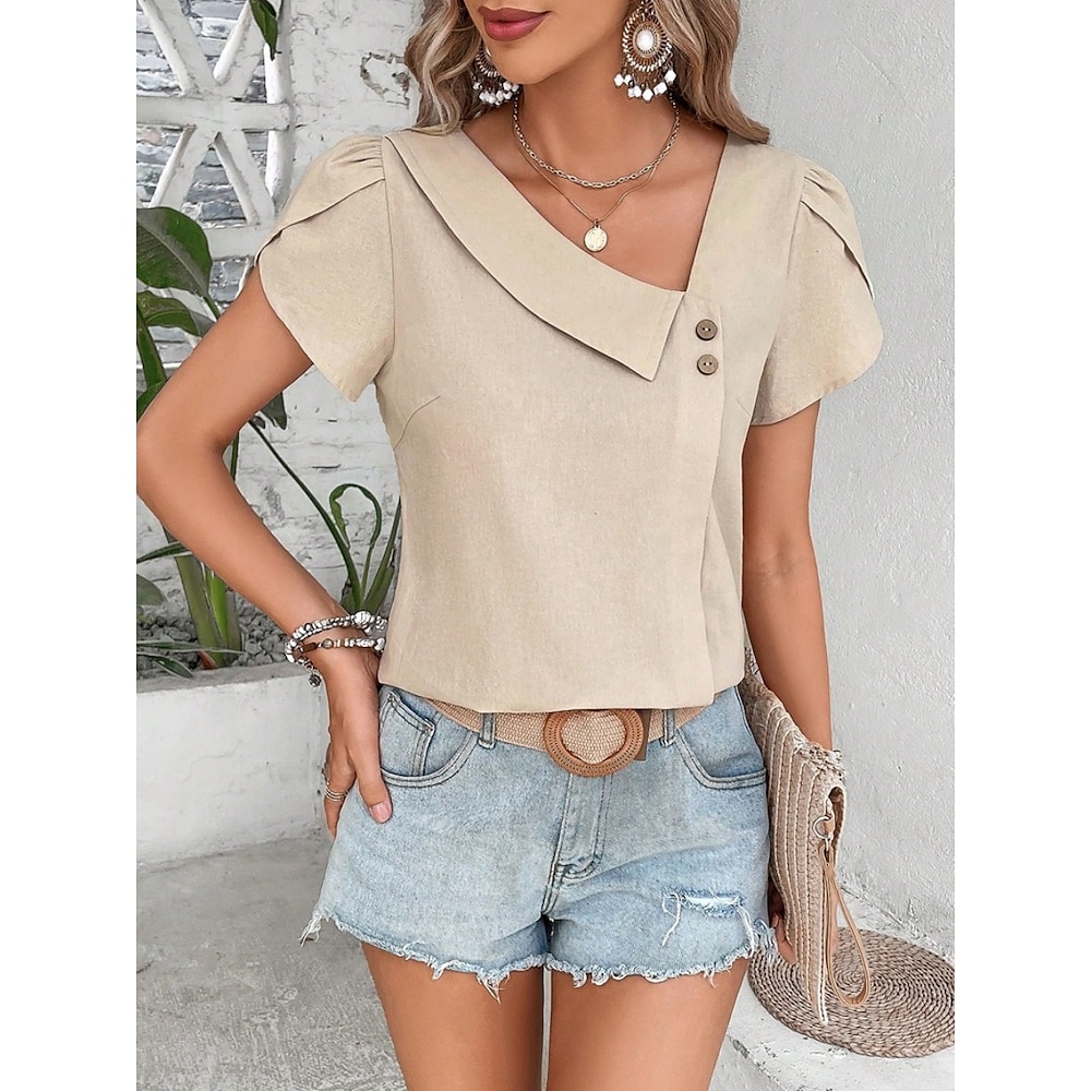 Damen T Shirt Glatt Modisch Modern Brautkleider schlicht Kurzarm V Ausschnitt Normale Oberteile Täglich Wochenende Knopf Schwarz Marineblau Orange Grün Beige Sommer Lightinthebox