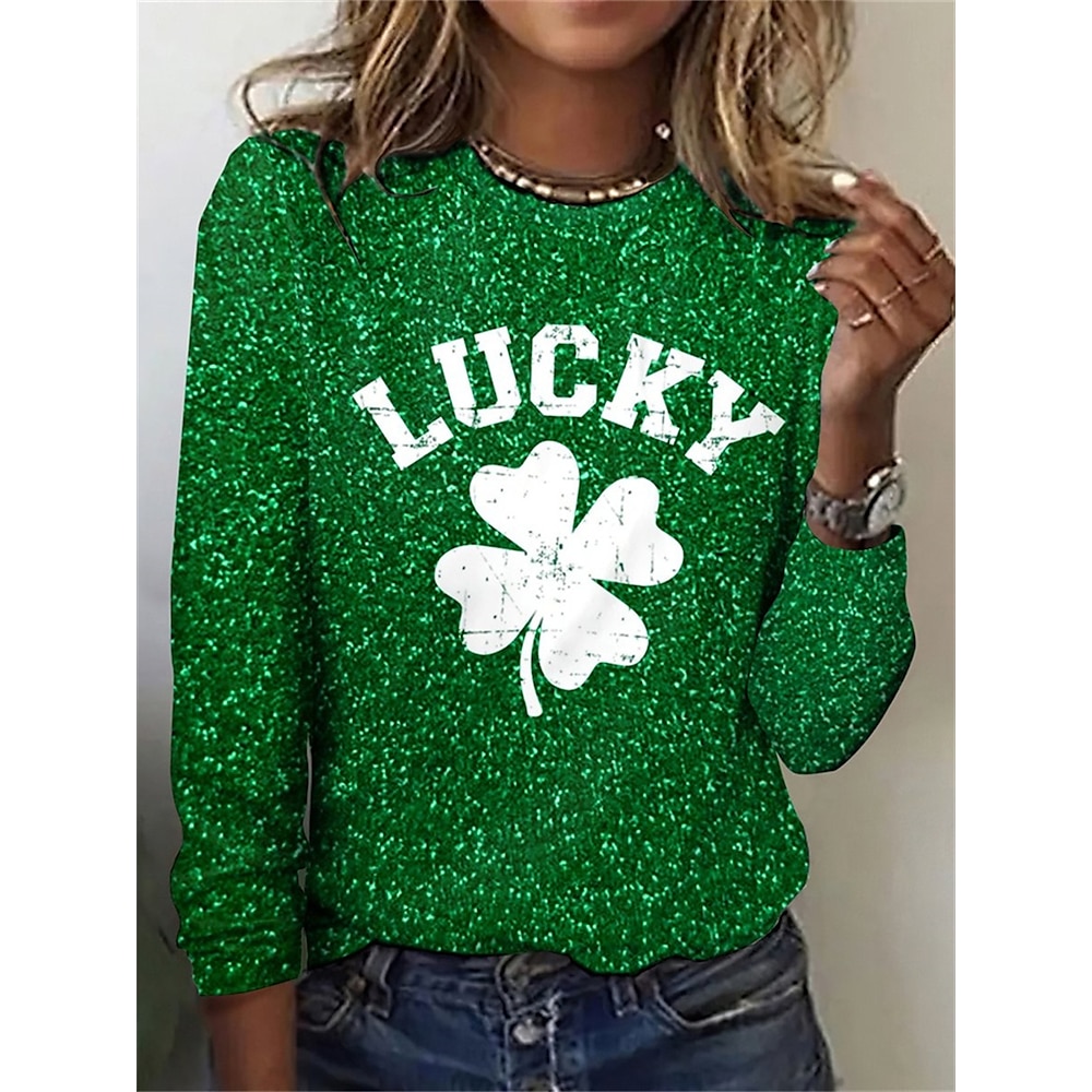 St. Patrick Damen T Shirt Buchstabe Brautkleider schlicht Langarm Rundhalsausschnitt Normale Oberteile Täglich Bedruckt Grün Frühling Herbst Lightinthebox