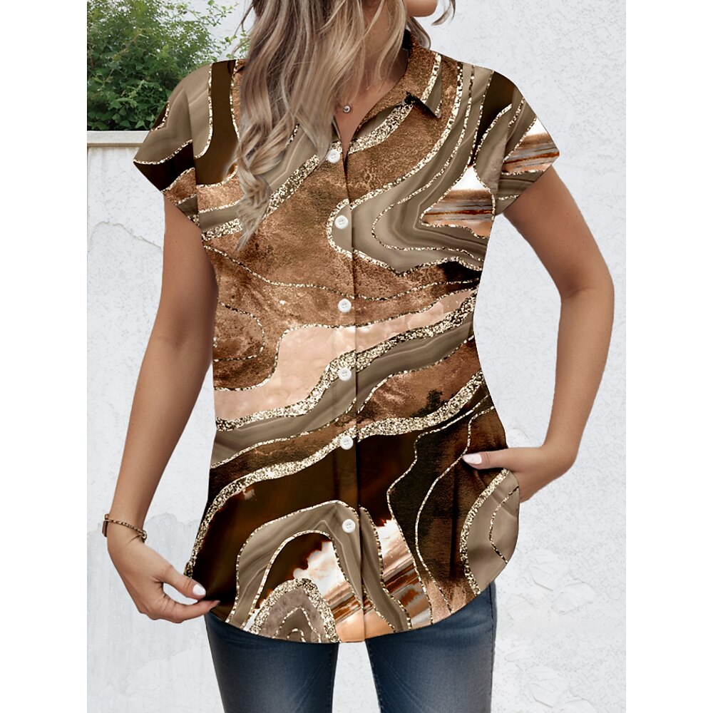 Damen Hemd Graphic Marmordruck Täglich Kurzarm Kappe Hemdkragen Lange Oberteile Täglich Braun Sommer Frühling Lightinthebox