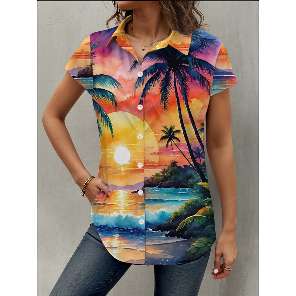 Damen Hemd Bluse Blatt Baum Hawaiian Tropisch Strand Design Kurzarm Hemdkragen Normale Oberteile Knopf Bedruckt Regenbogen Sommer Lightinthebox