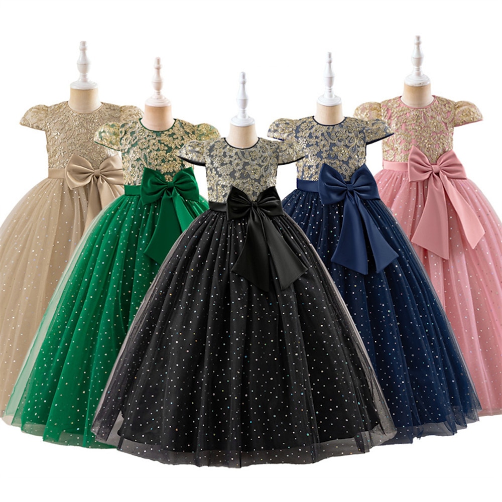 kinderkleidung Mädchen Party Kleid Feste Farbe Kurzarm Leistung Geburtstag Krawattenknoten Elegant Schön Polyester Maxi abendkleider Schaukelkleid A Linie Kleid Sommer 6-12 Y Schwarz Champagner Rosa Lightinthebox