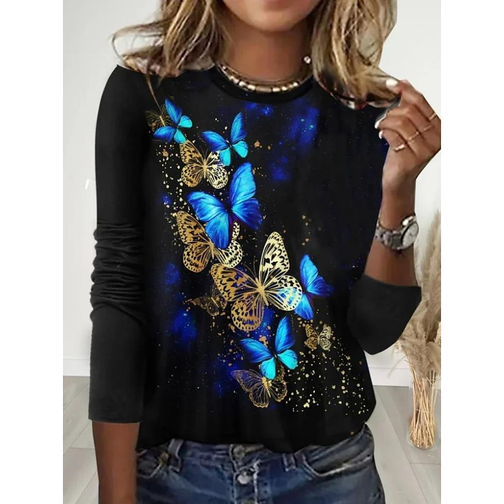 Damen T Shirt Graphic Schmetterling Brautkleider schlicht Langarm Rundhalsausschnitt Normale Oberteile Täglich Bedruckt Schwarz Frühling Herbst Lightinthebox