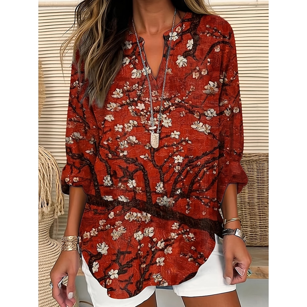 Damen Hemd Bluse Blumen Stilvoll Brautkleider schlicht Langarm Gekerbter Hals Normale Oberteile Täglich Knopf Bedruckt Rote Sommer Frühling Lightinthebox